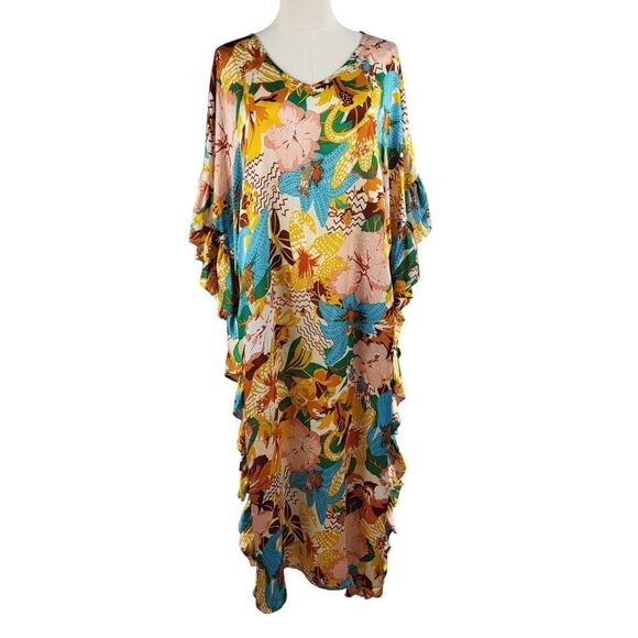 NEW Easel Small - Large Multi-Color Kaftan Style Maxi Dress Ruffle Sides Pockets - Picture 6 of 16